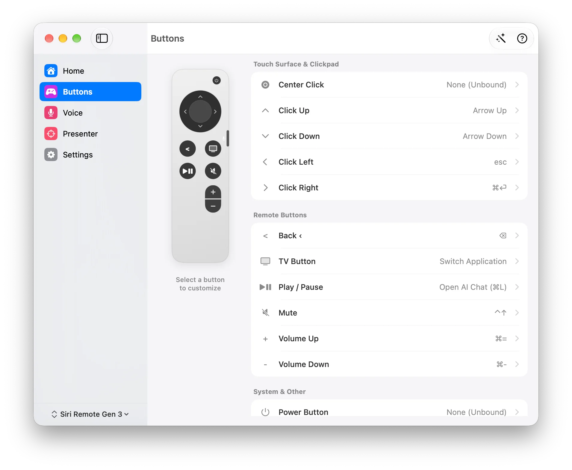 Current Remoter Buttons screen with sidebar navigation, Siri Remote preview and grouped button assignments