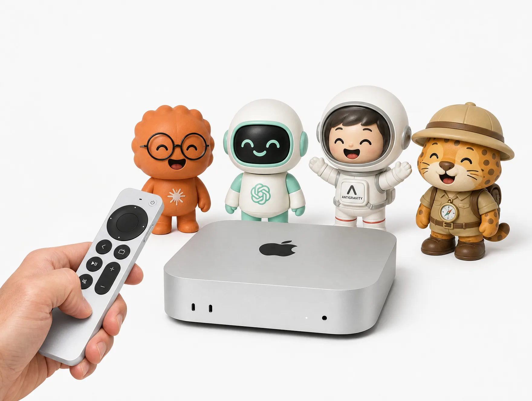 A hand holding an Apple TV Siri Remote directing a Mac mini with Claude, Codex, Antigravity, and Safari mascots