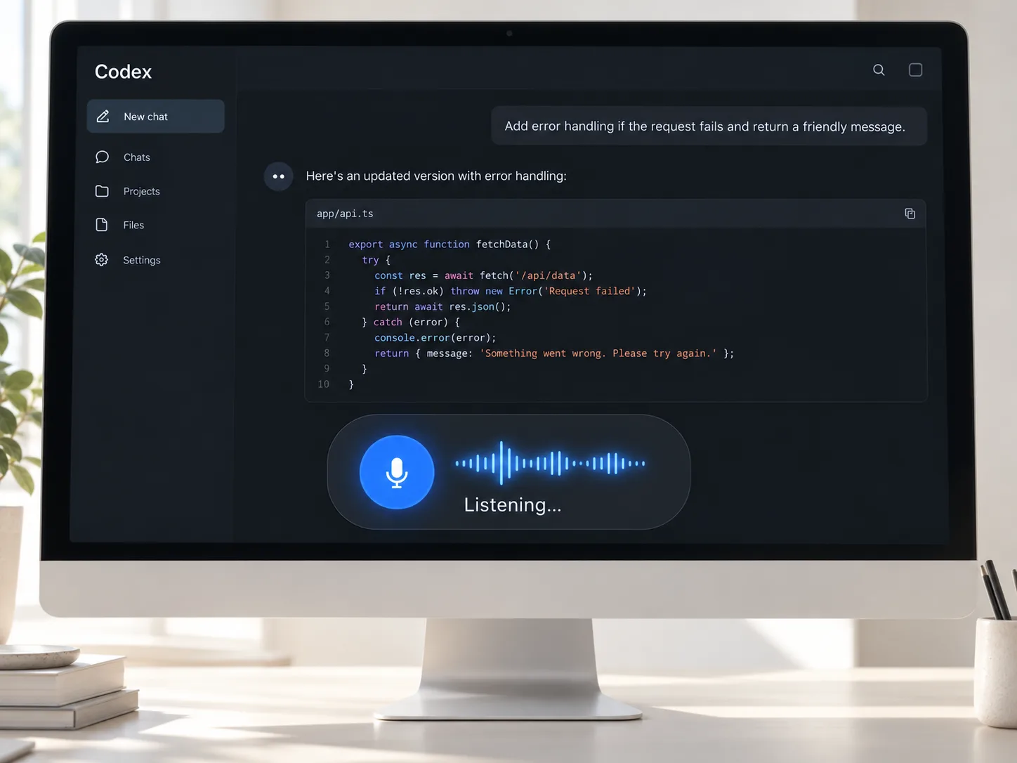 Illustrated Codex workspace with a microphone waveform and Listening indicator