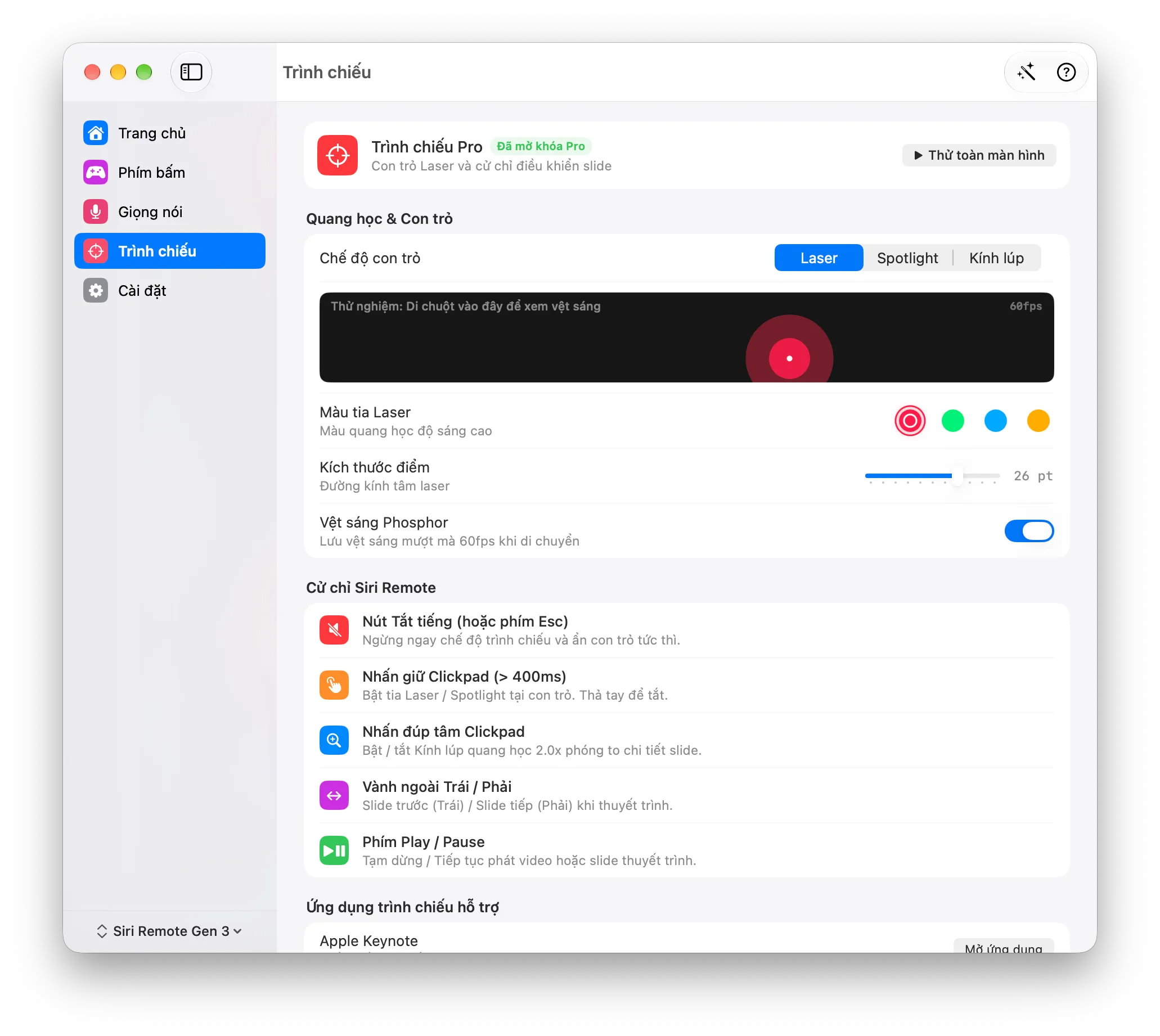 Remoter Presenter Pro settings in Vietnamese: pointer modes, colors, size and remote gestures.