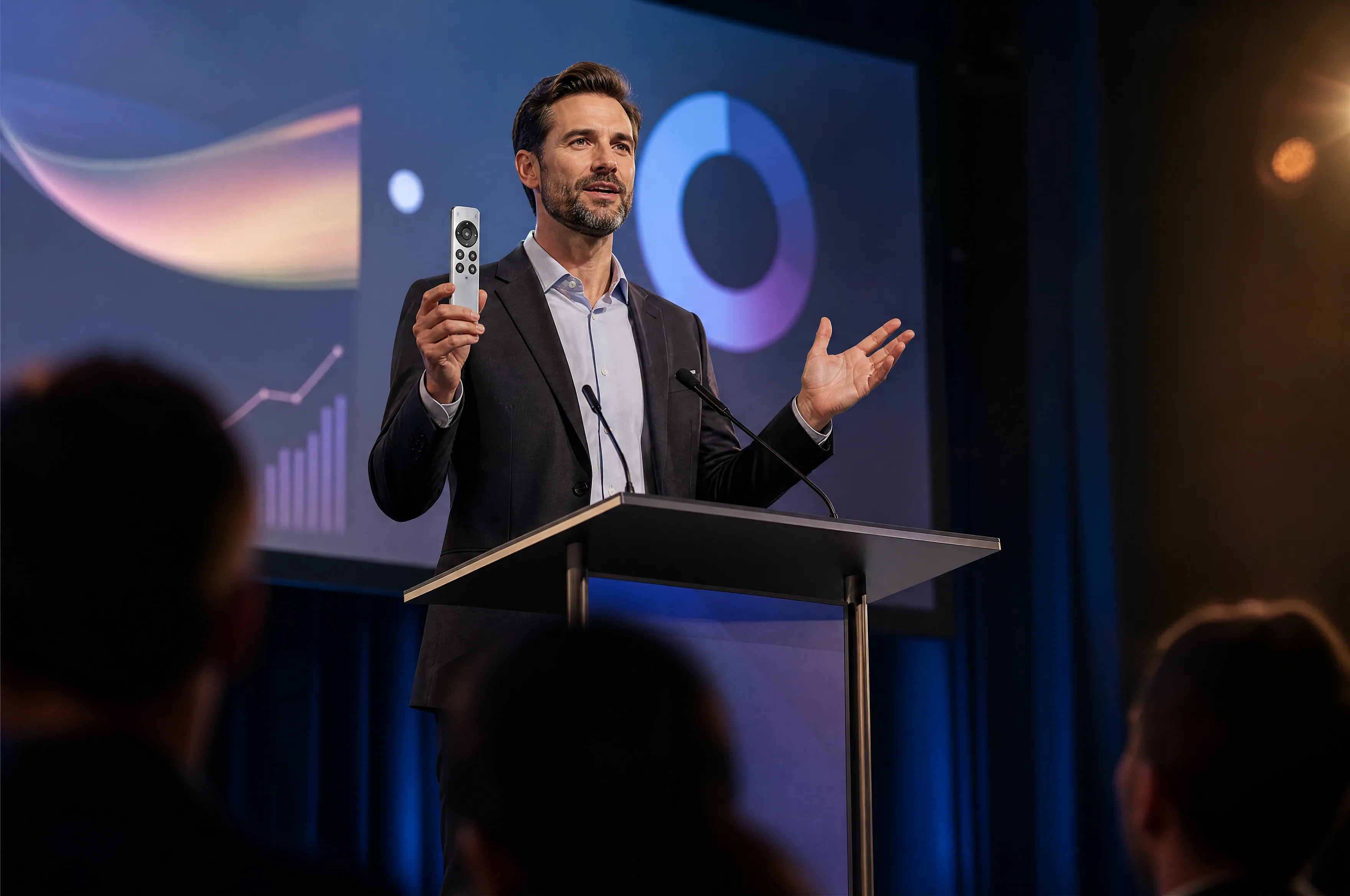 A presenter on stage holding a remote while addressing an audience