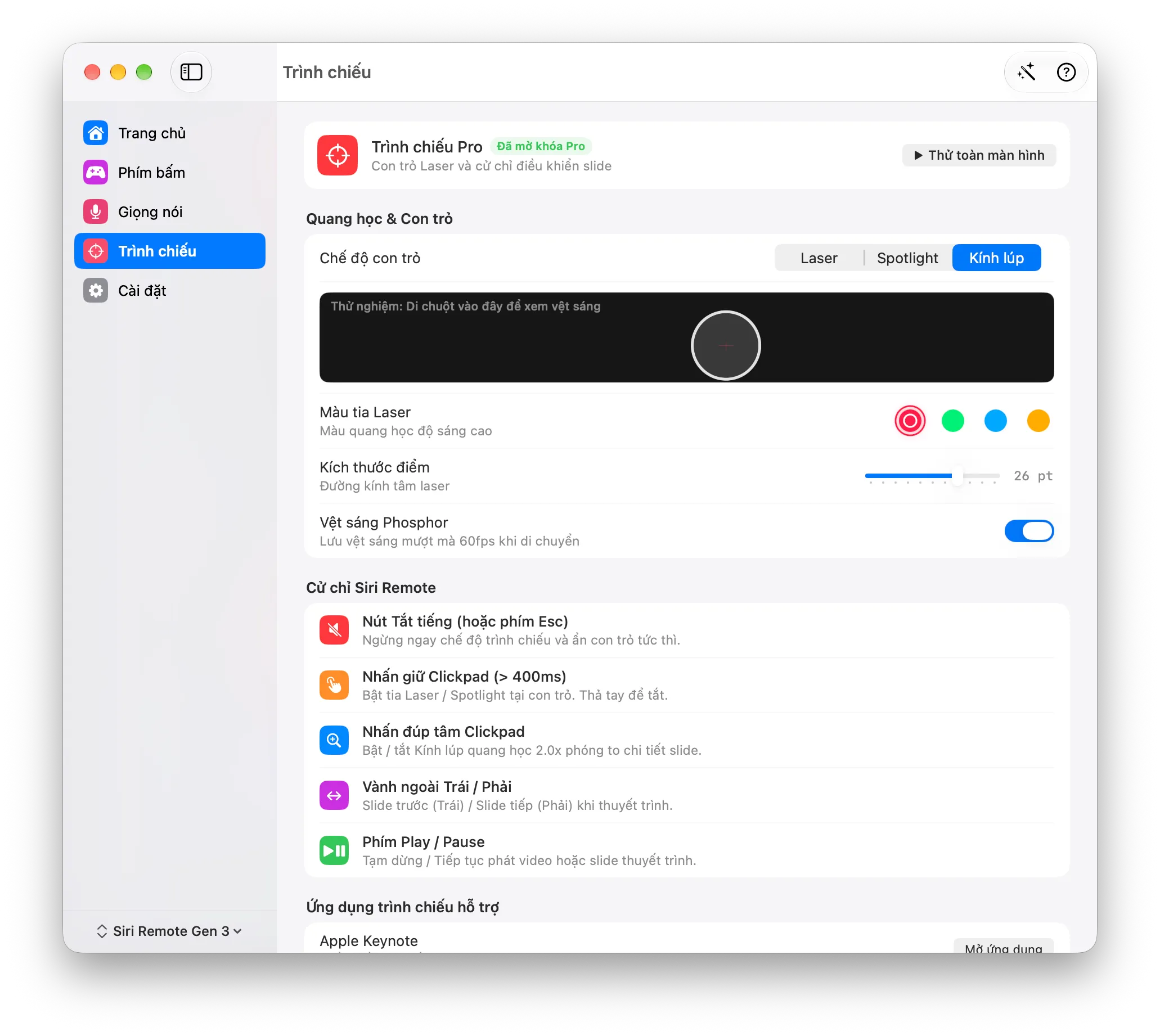 Remoter Presenter Pro settings in Vietnamese: pointer modes, colors, size and remote gestures.
