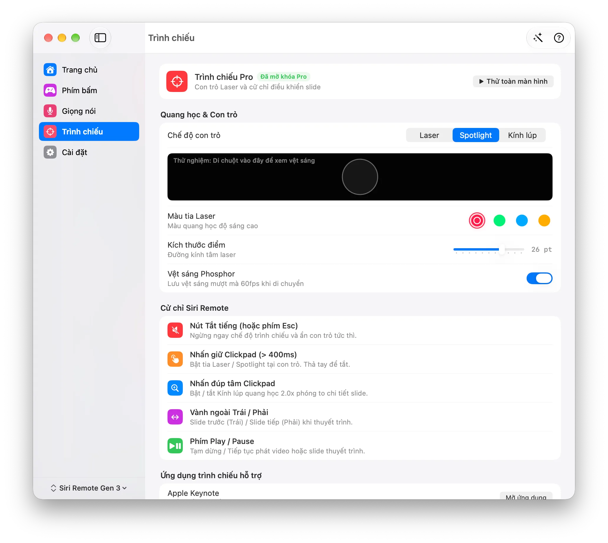 Remoter Presenter Pro settings in Vietnamese: pointer modes, colors, size and remote gestures.