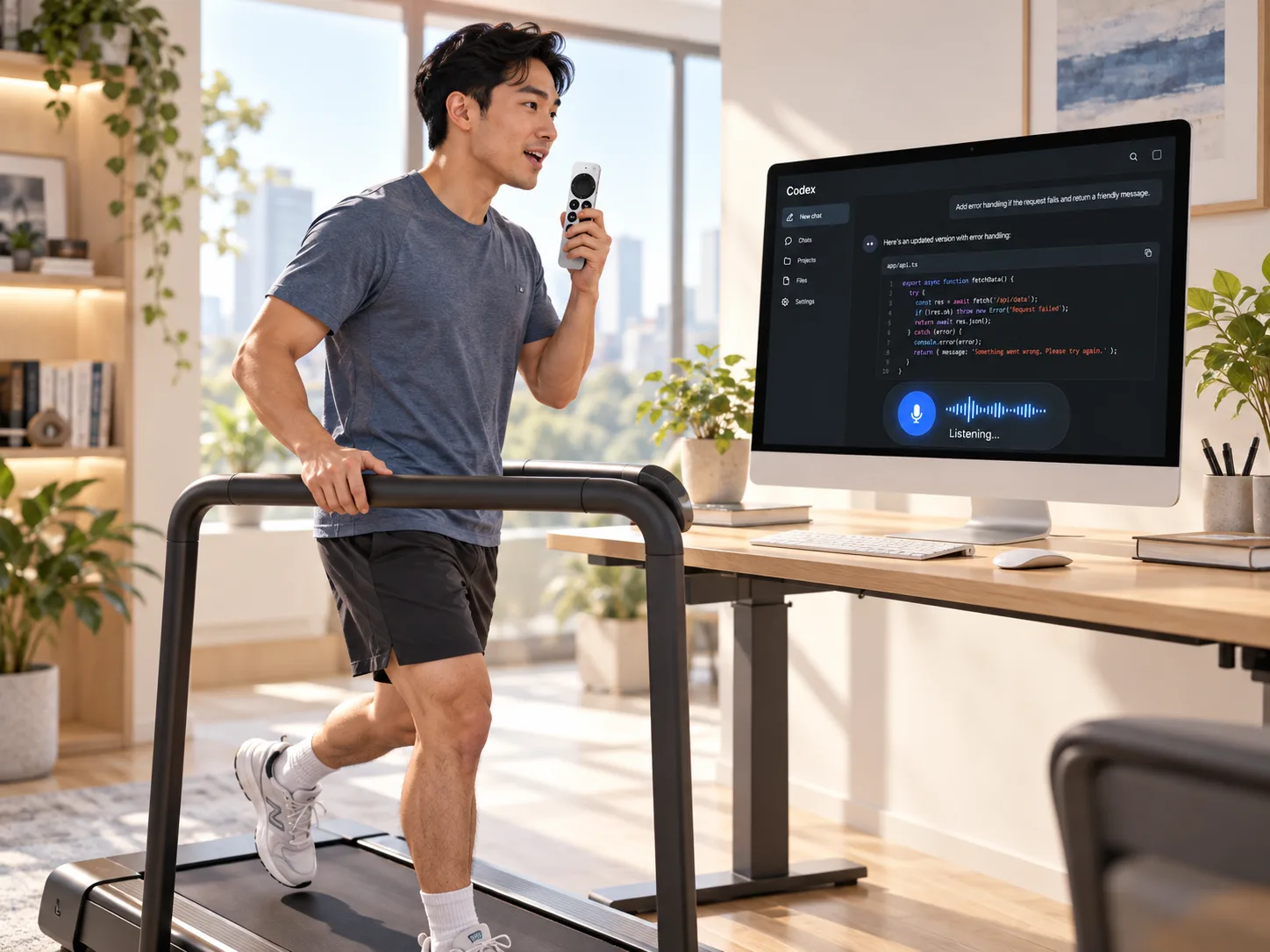 A person jogging on a treadmill while dictating a request to Codex on a nearby Mac