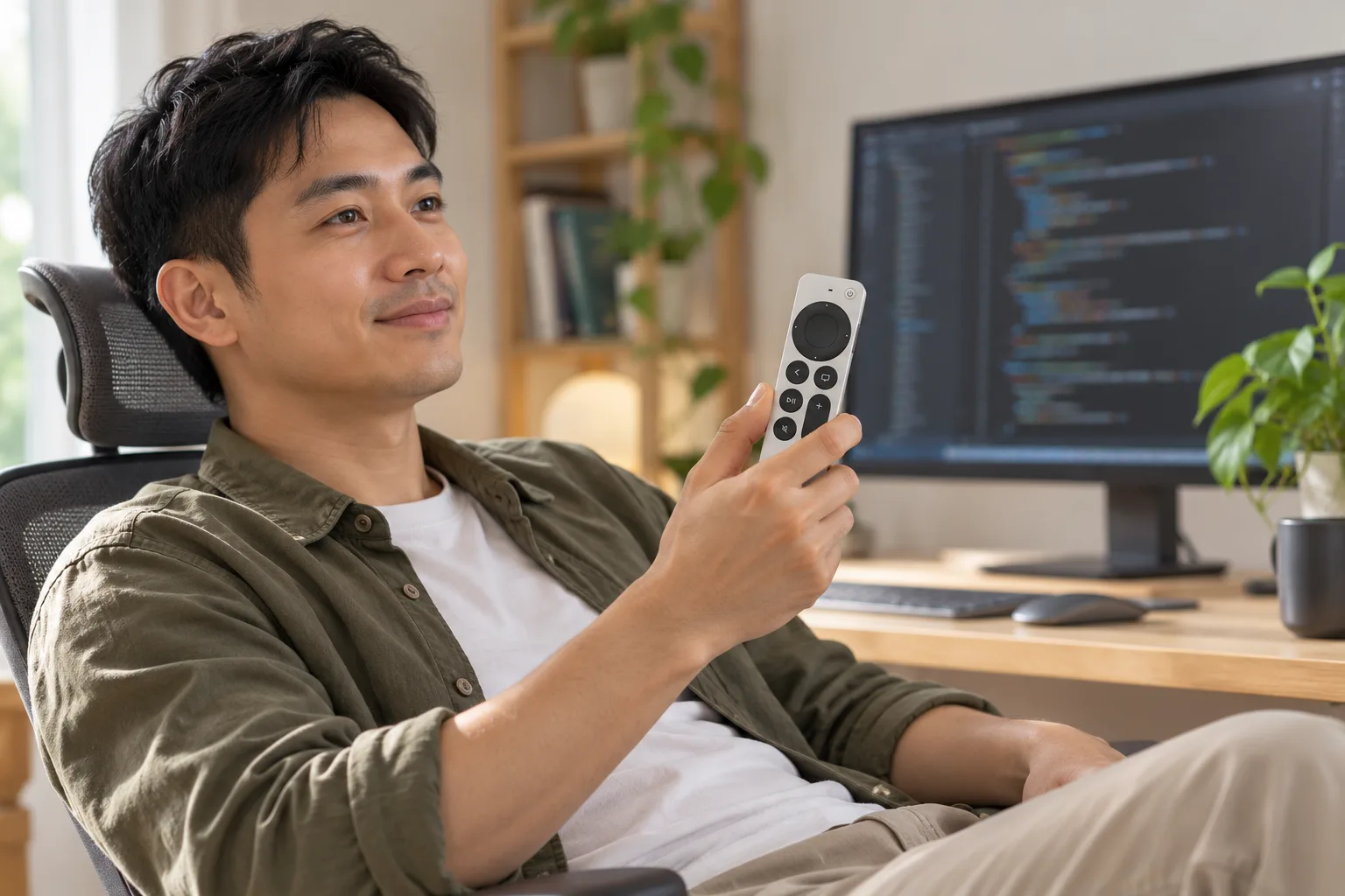 AI illustration of a Vietnamese developer reclining with a Siri Remote beside a Mac