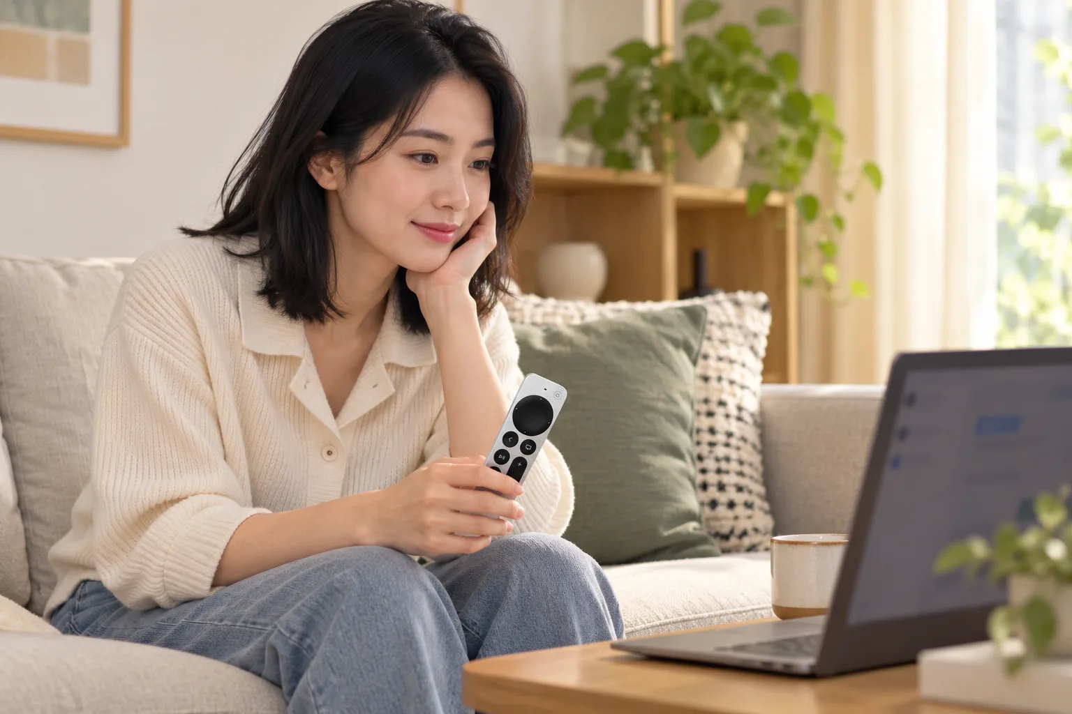 AI illustration of a Vietnamese woman using a Siri Remote beside a laptop on a sofa