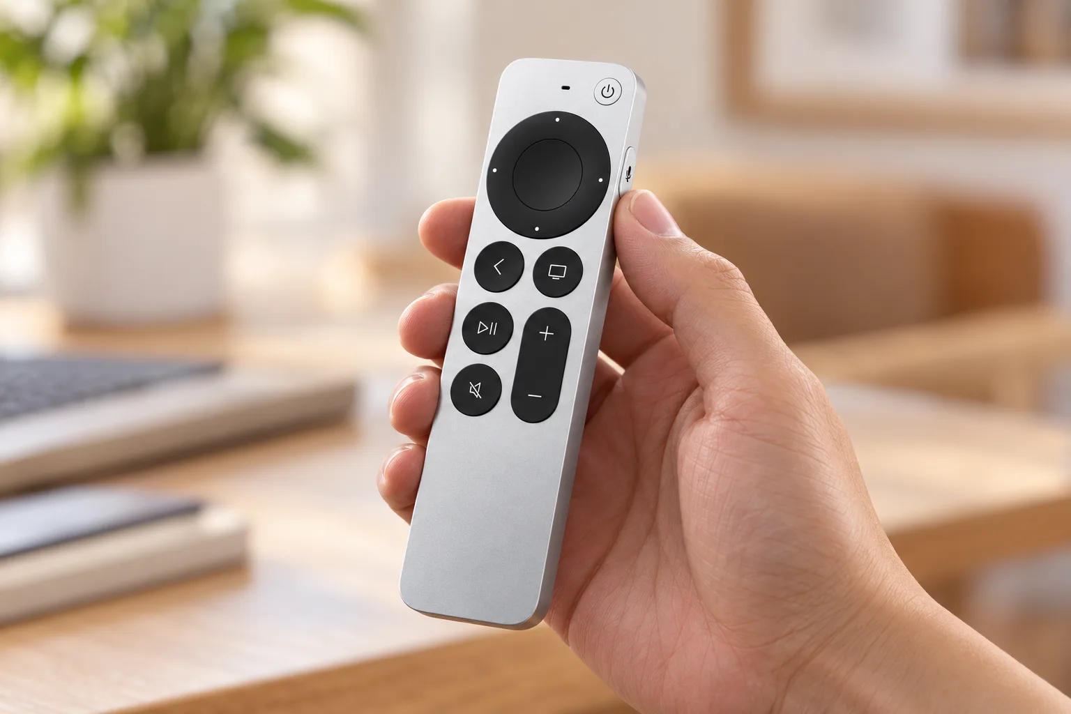 AI close-up illustration of a hand holding Siri Remote near the side voice button