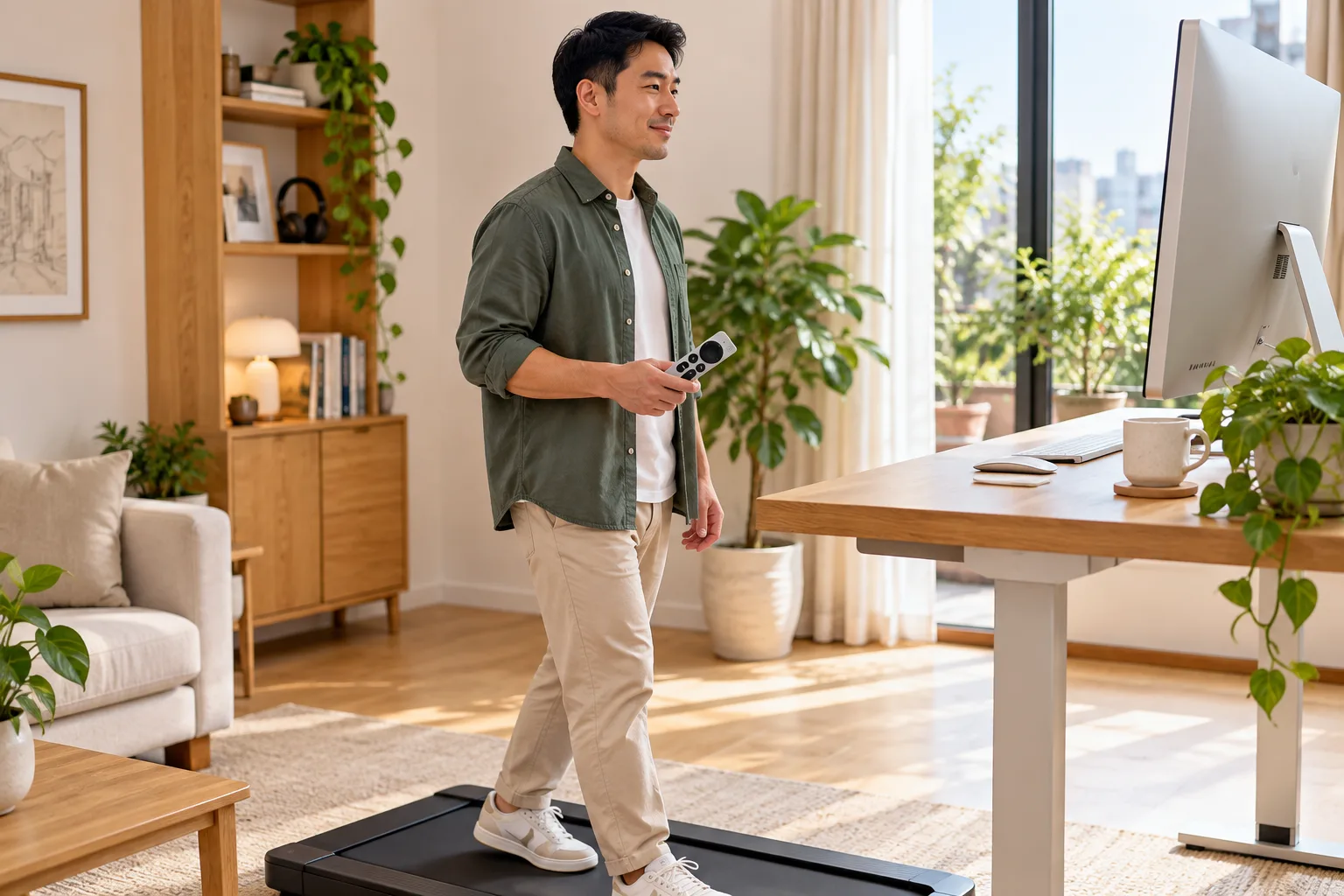 AI illustration of a Vietnamese developer on a walking pad holding a Siri Remote at a standing desk