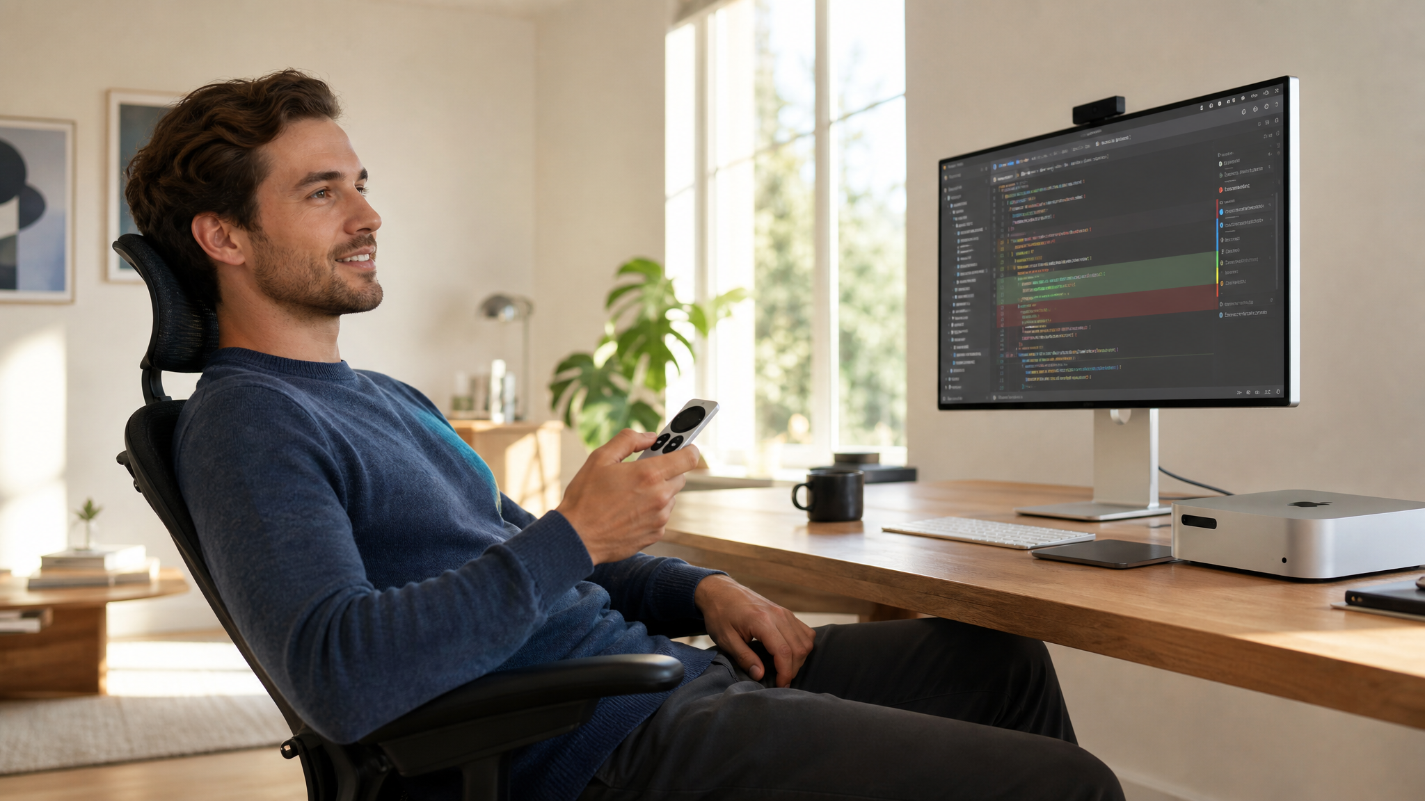 Illustration of a developer reclining with a Siri Remote beside a Mac