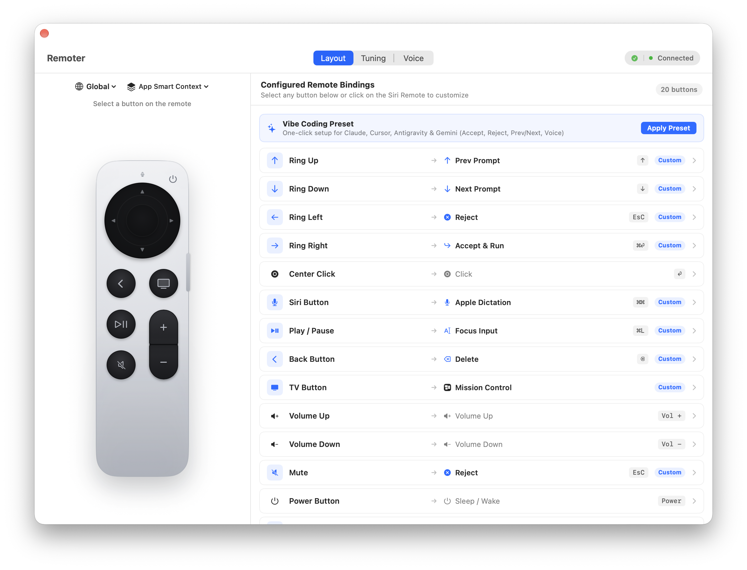 Remoter app: remote button mappings and the Vibe Coding preset