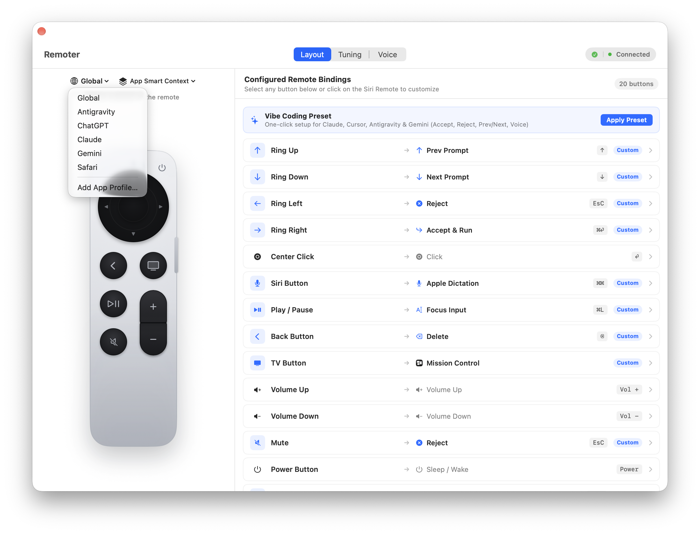 Remoter app: choosing a profile for the active app